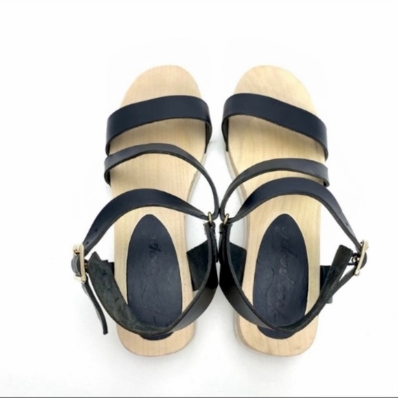 FREE People Leather Ankle Lace Straps Wood Sole Sandal in Black Size 8 - Picture 7 of 10